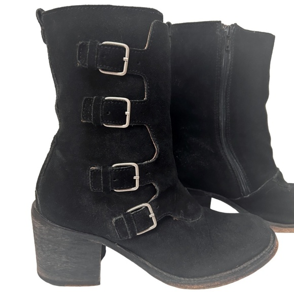 JL J. Litvack Moto Boots Booties Black Suede Four Buckle Chunky Stacked Heel - Picture 3 of 16